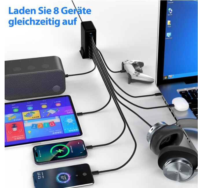 240W 8-Port USB Netzteil Adapter Mehrfach Ladegerät mit 4 Type-C und 4 USB-A SchnellLadegerät PD 3.0 (image for) 240W 8-Port USB Netzteil Adapter Mehrfach Ladegerät mit 4 Type-C und 4 USB-A SchnellLadegerät PD 3.0
