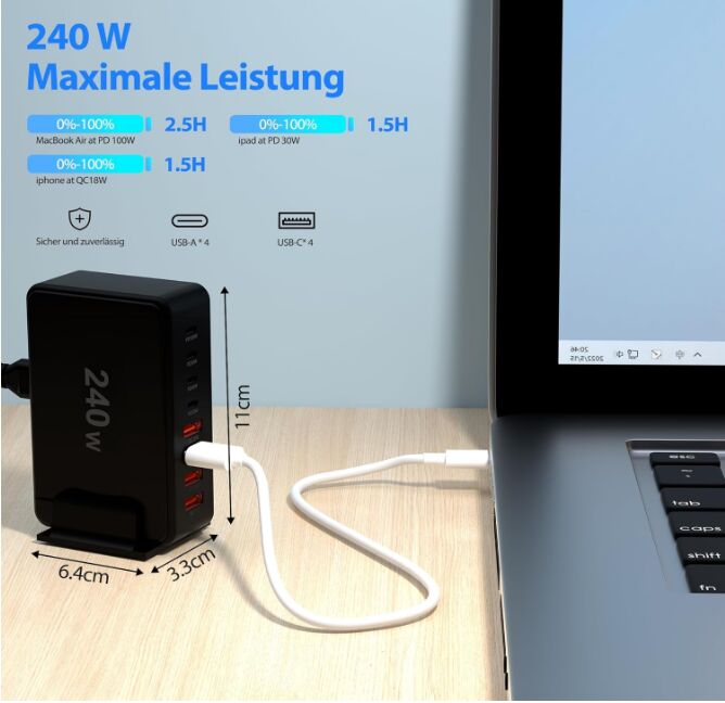 240W 8-Port USB Netzteil Adapter Mehrfach Ladegerät mit 4 Type-C und 4 USB-A SchnellLadegerät PD 3.0 (image for) 240W 8-Port USB Netzteil Adapter Mehrfach Ladegerät mit 4 Type-C und 4 USB-A SchnellLadegerät PD 3.0